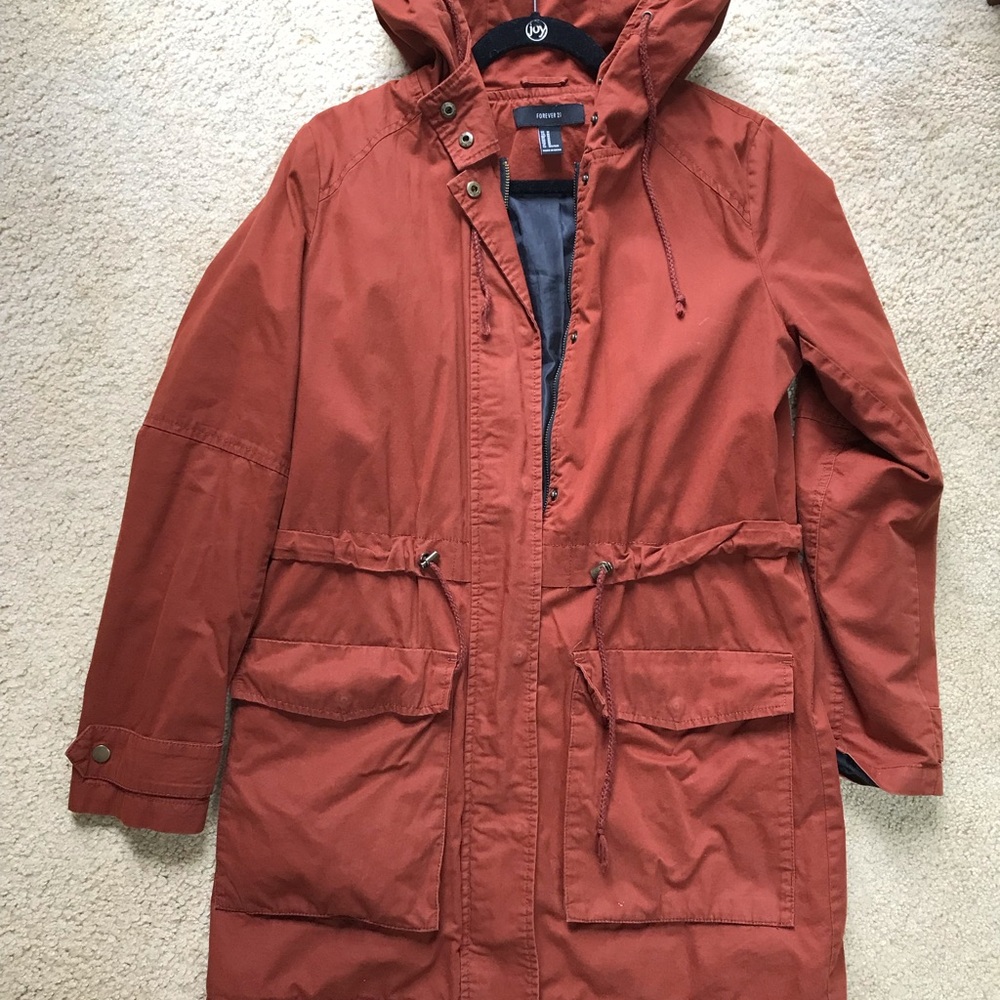 F21 Burnt Sienna Red-Brown Hooded Longline Utility Jacket - M - Picture 2 of 13